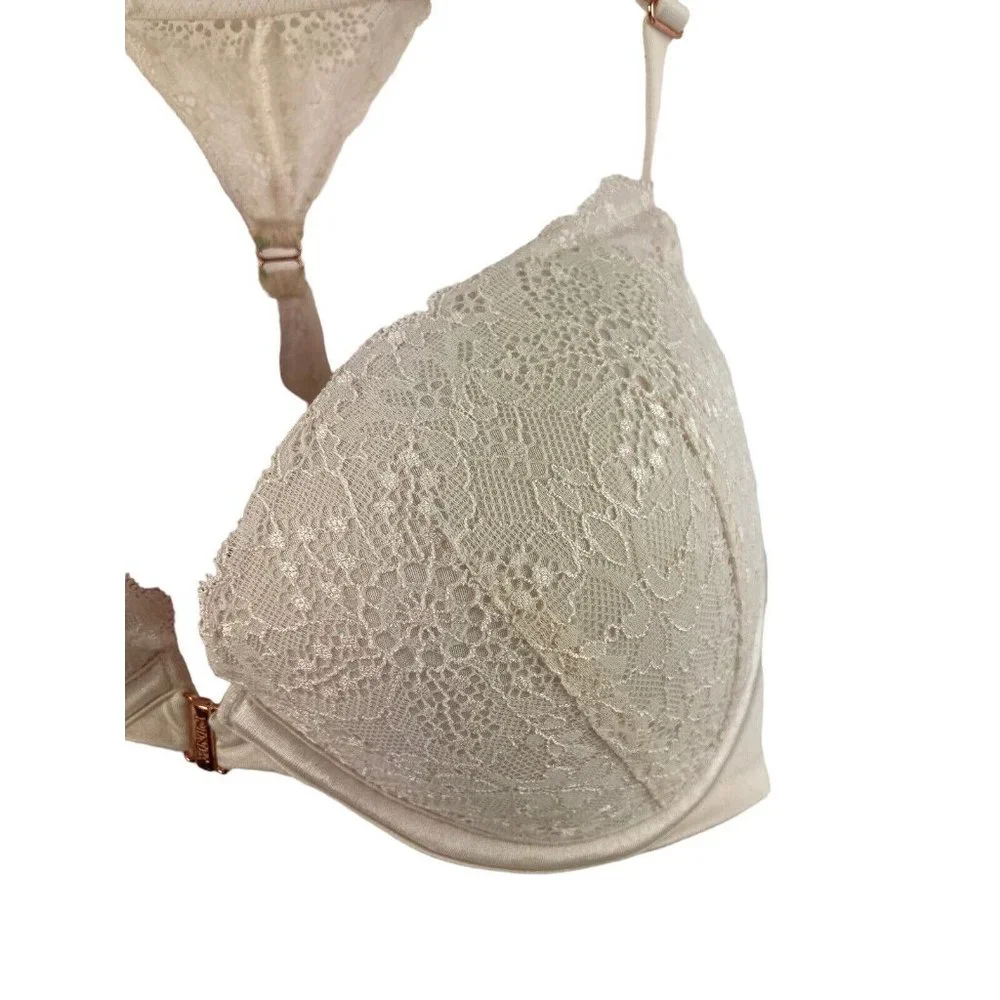 *PINK Victoria Secret Date Push Up Bra Ivory Lace Underwire Front Closure 34DD